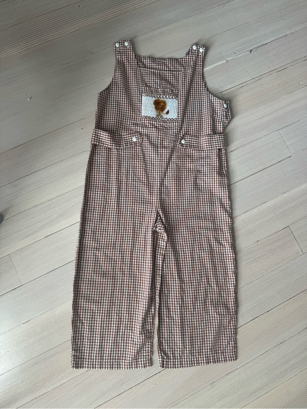 Kids Brown Gingham Overalls with Lion Patch